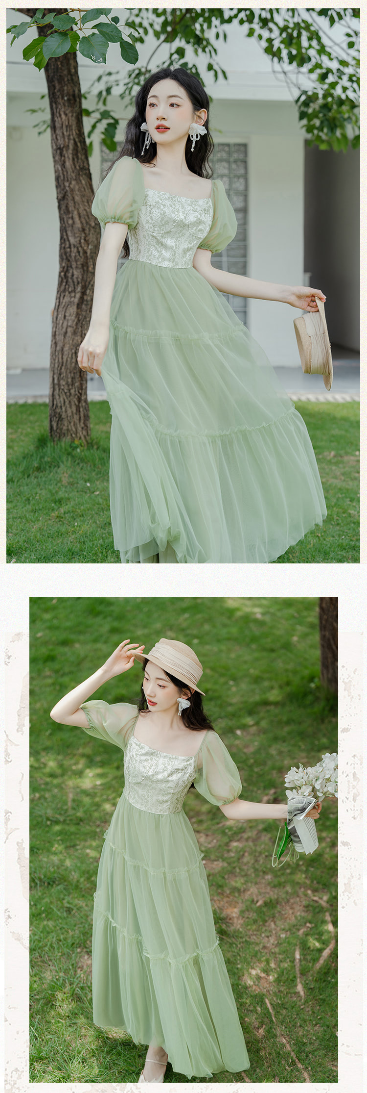 Sweet-French-Style-Green-Jacquard-Tulle-Floral-Summer-Casual-Dress13