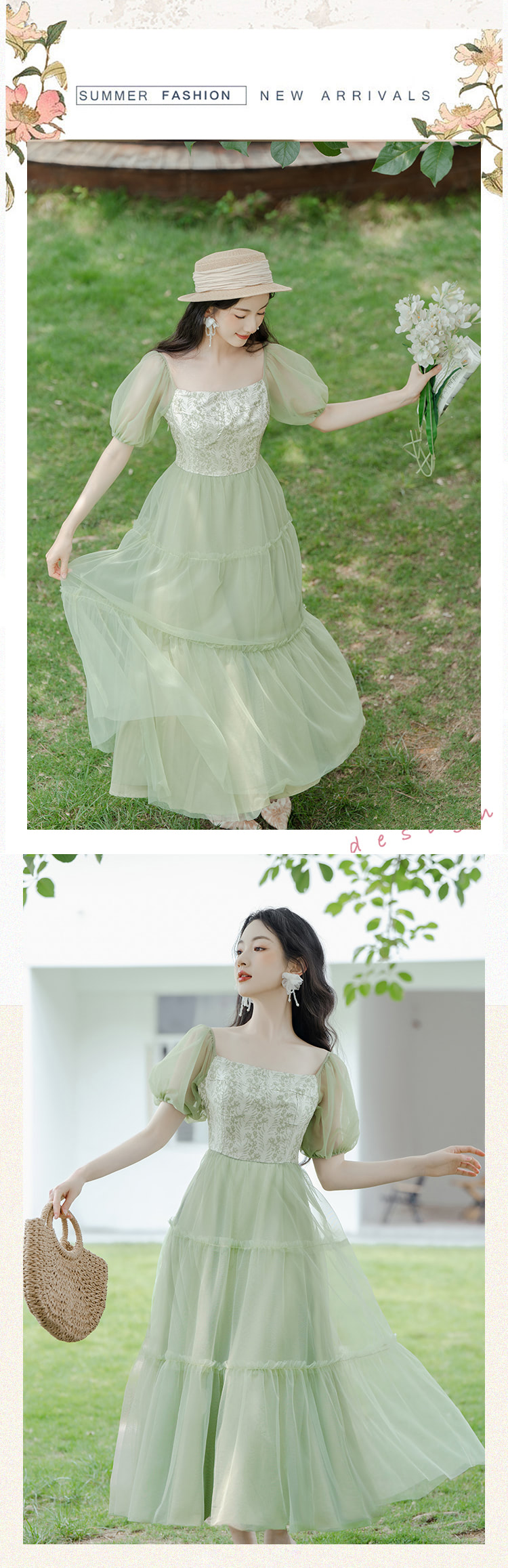 Sweet-French-Style-Green-Jacquard-Tulle-Floral-Summer-Casual-Dress14