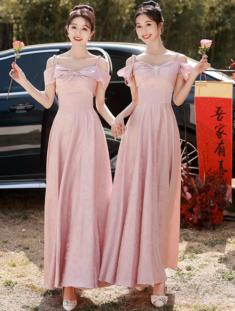 Sweet Pink Jacquard Bridesmaid Dress Wedding Party Formal Gown01
