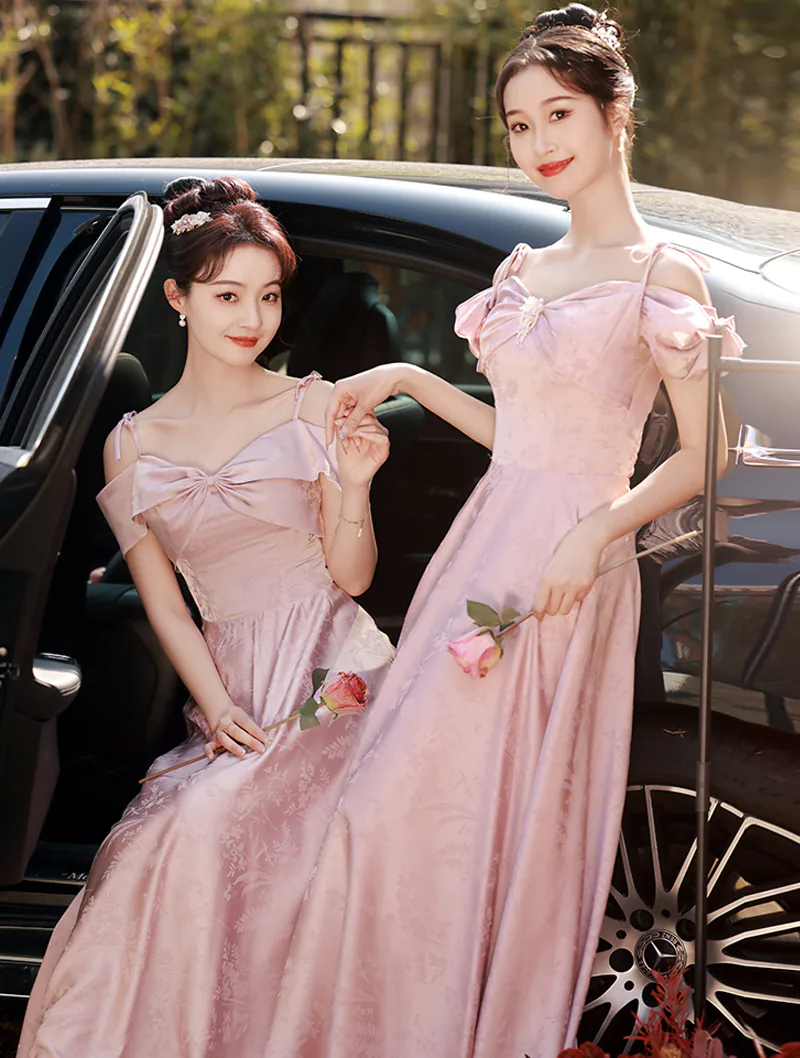 Sweet Pink Jacquard Bridesmaid Dress Wedding Party Formal Gown02