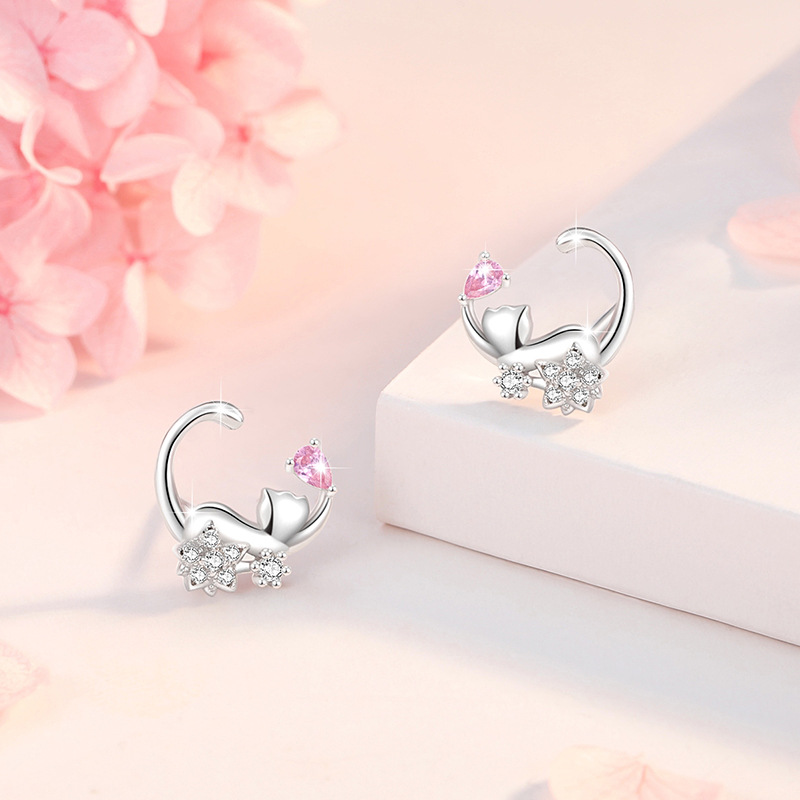 Unique 925 Sterling Silver Cute Kitten Earrings Studs Gifts for Women02