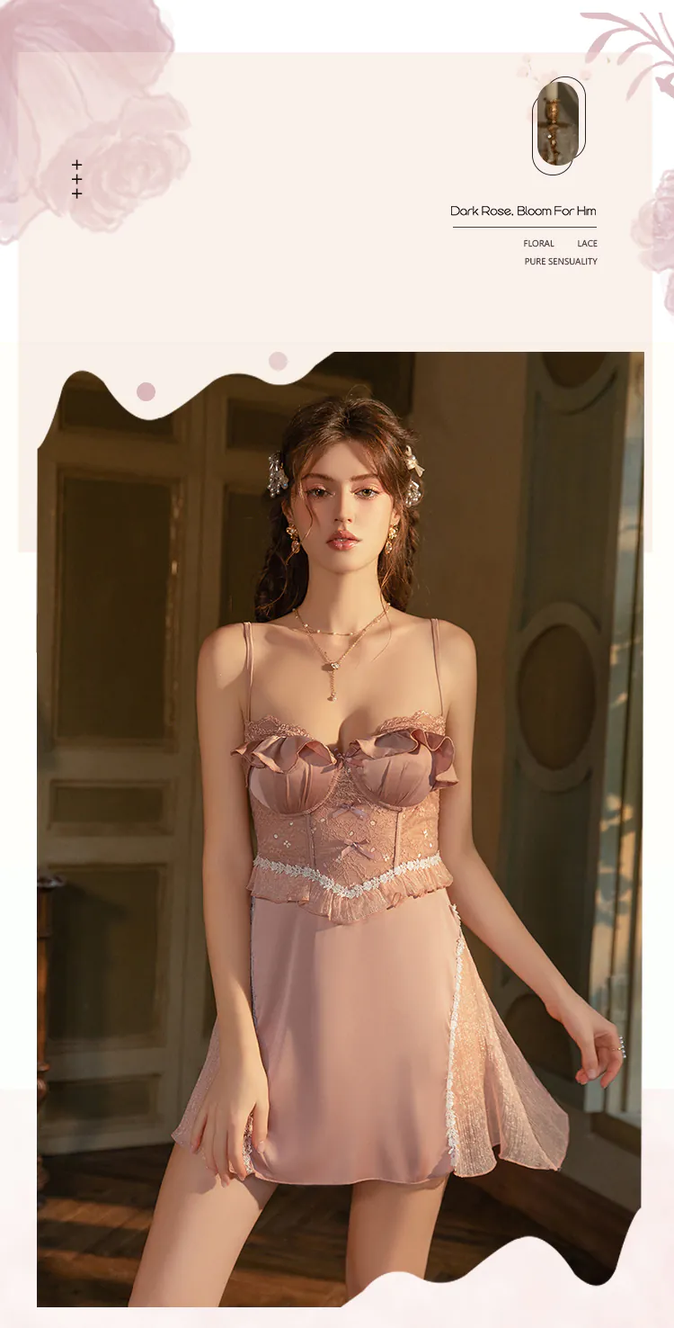 Vintage-Rose-Gold-Corset-Style-Mesh-Satin-Slip-Nightgown-Lingerie07
