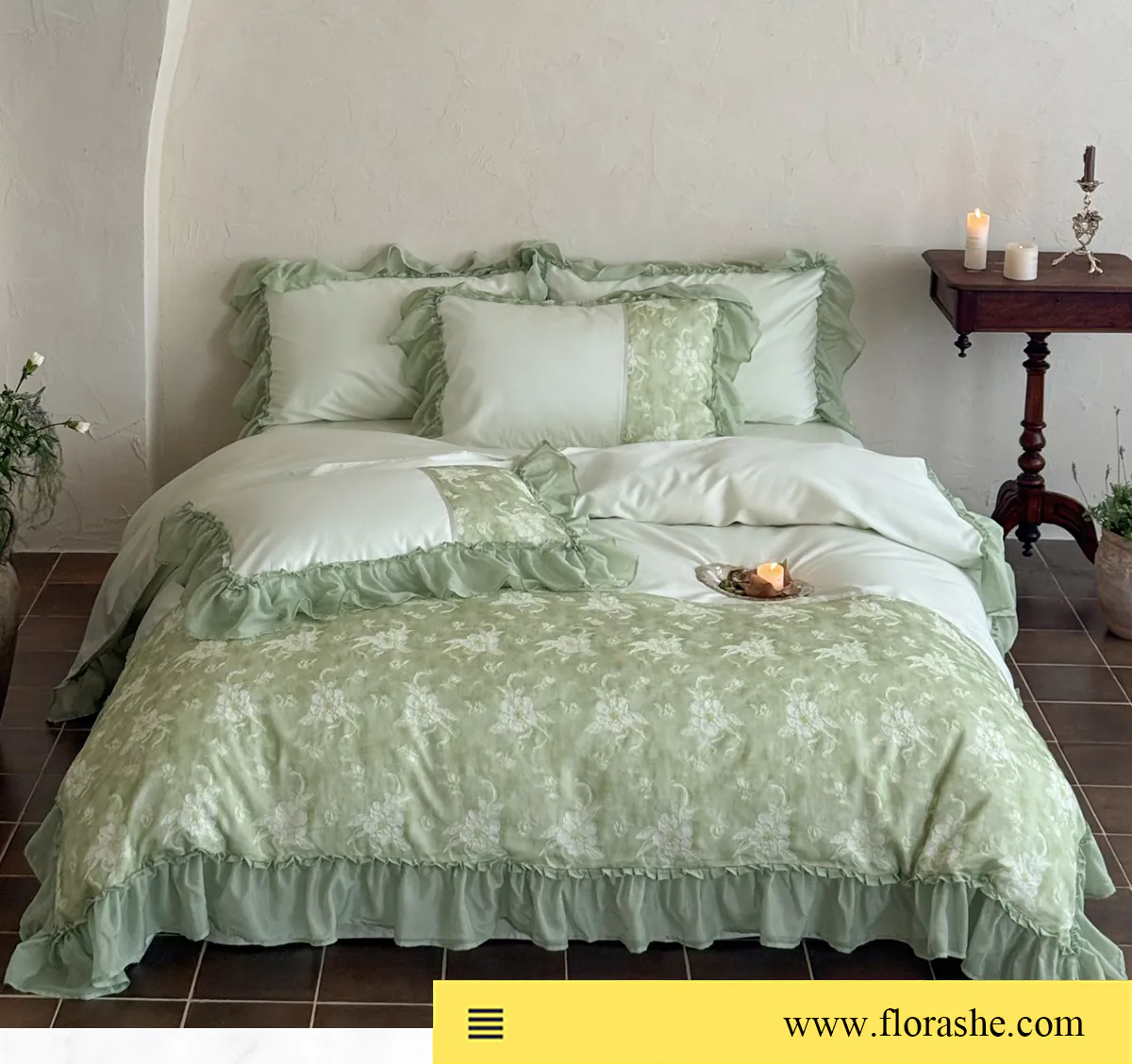 Vintage-Sage-Green-Floral-Embroidery-100s-Pure-Cotton-Ruffle-Duvet-Cover-Set07