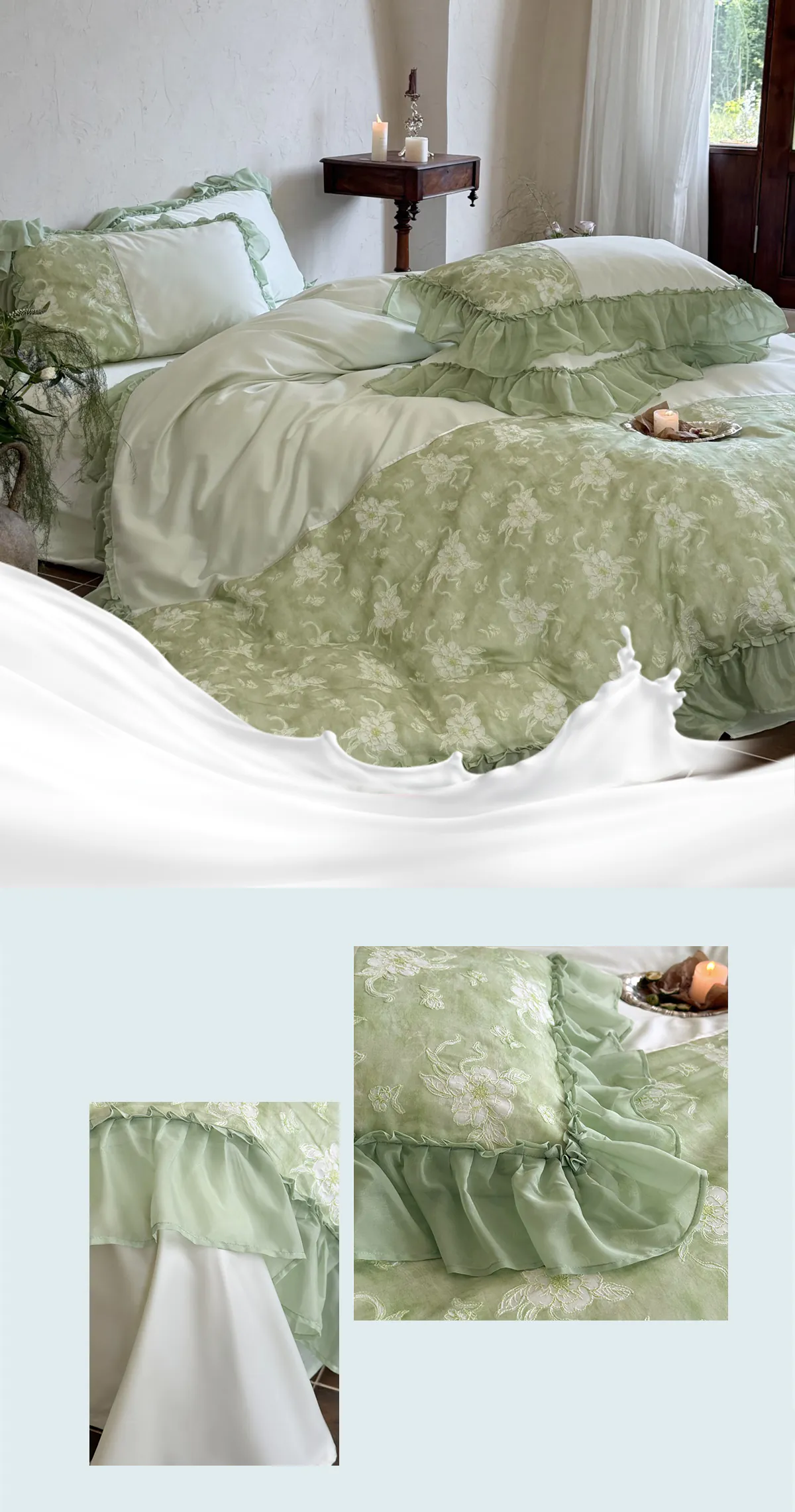 Vintage-Sage-Green-Floral-Embroidery-100s-Pure-Cotton-Ruffle-Duvet-Cover-Set10