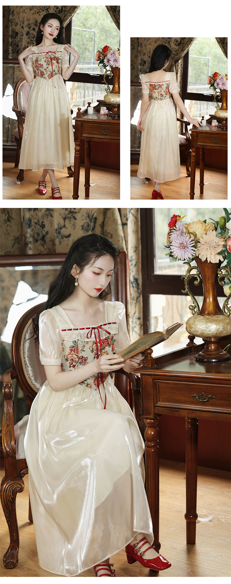 Vintage-Square-Neck-Short-Sleeve-Oil-Floral-Painting-Casual-Long-Dress11