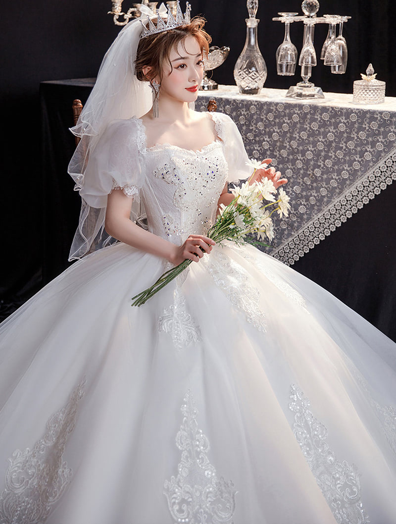 Women Simple Princess White Short Sleeve Wedding Maxi Dress02