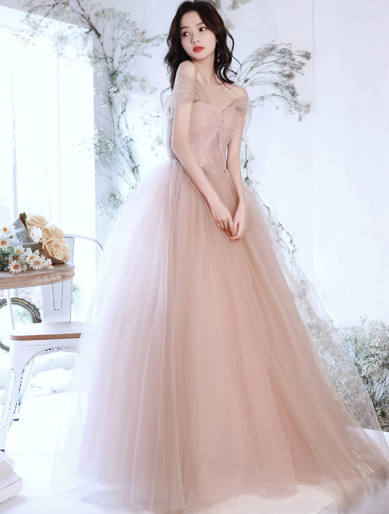A Line Pink Tulle Long Dress for Prom Party and Homecoming01
