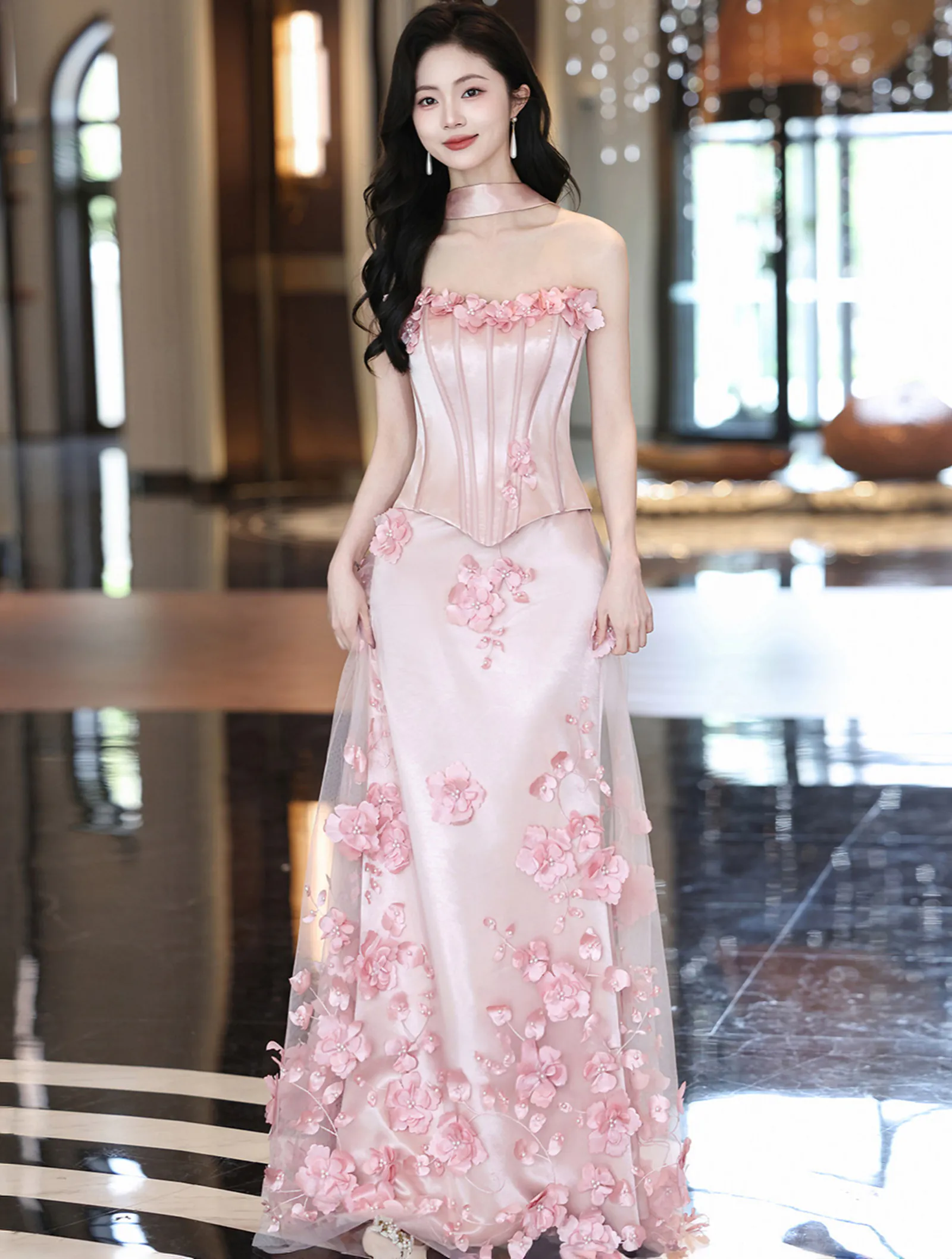 Blush Pink Princess 3D Floral Strapless Corset Evening Gown Prom Dress01