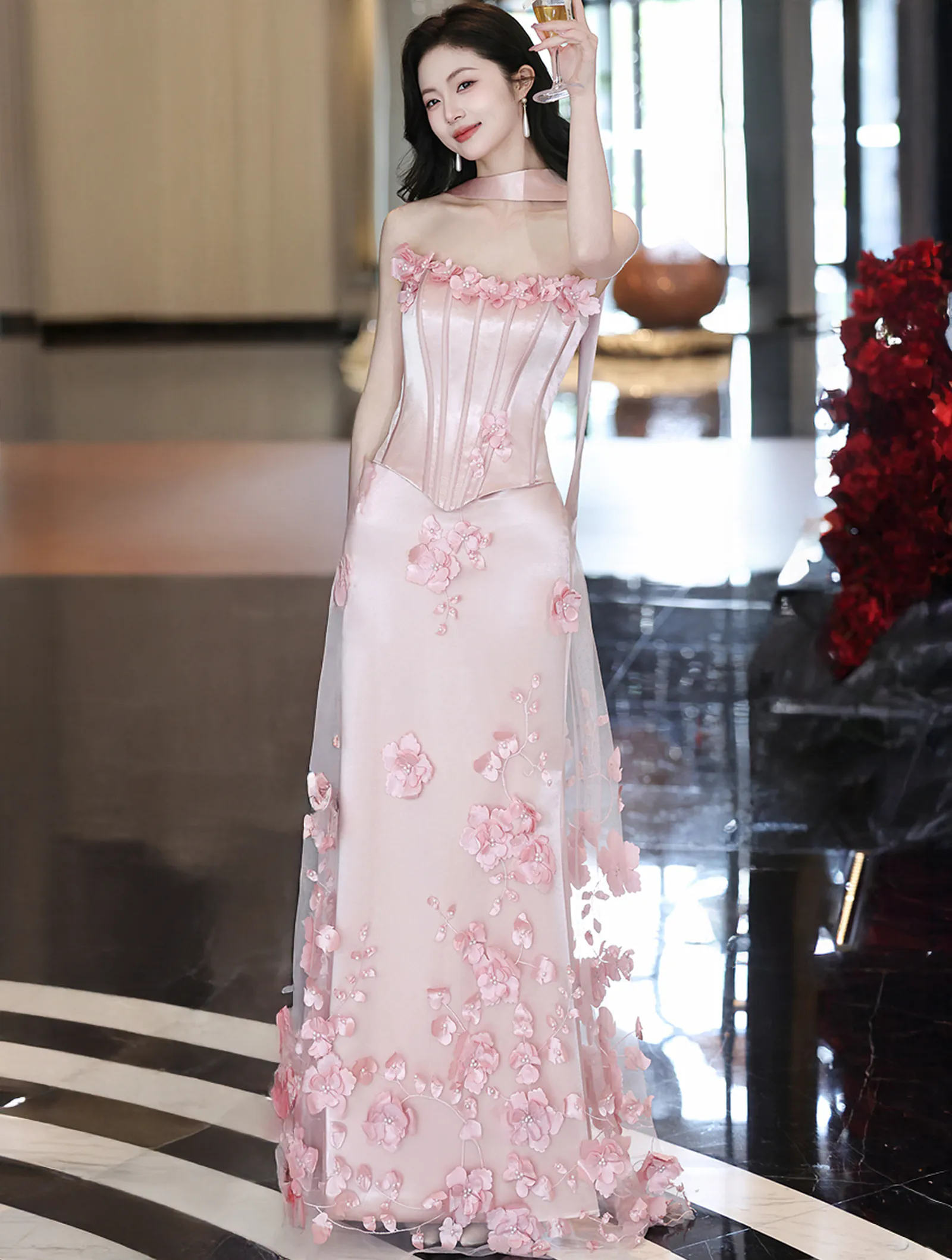 Blush Pink Princess 3D Floral Strapless Corset Evening Gown Prom Dress05 Blush Pink Princess 3D Floral Strapless Corset Evening Gown Prom Dress05