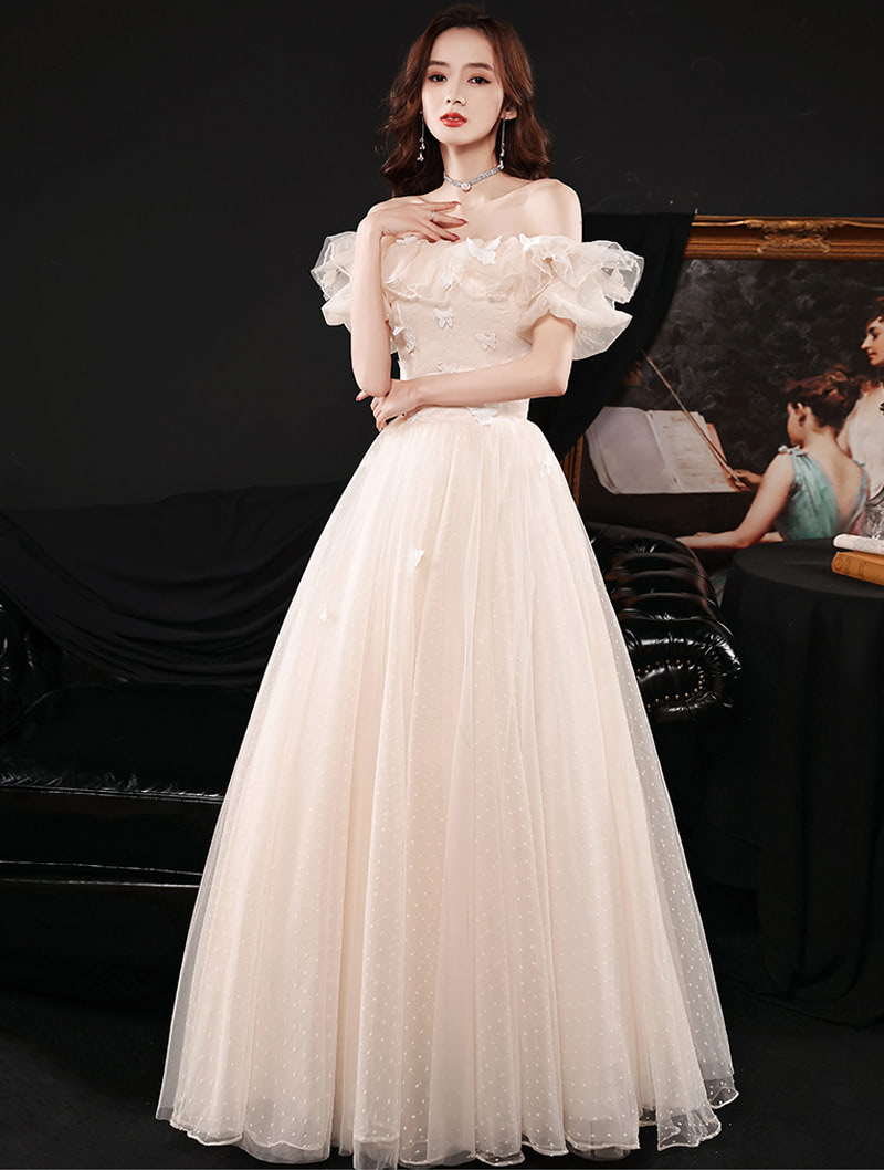 Champagne Off Shoulder Puffy Prom Evening Formal Event Dress01