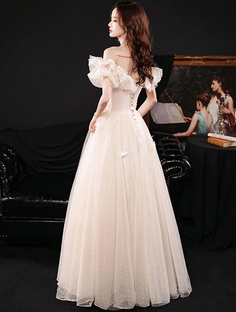 Champagne Off Shoulder Puffy Prom Evening Formal Event Dress05