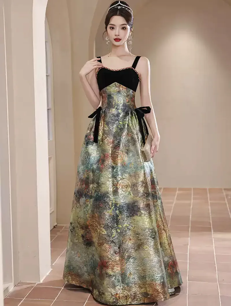 Vintage French Style Green Evening Gown Banquet Party Slip Long  