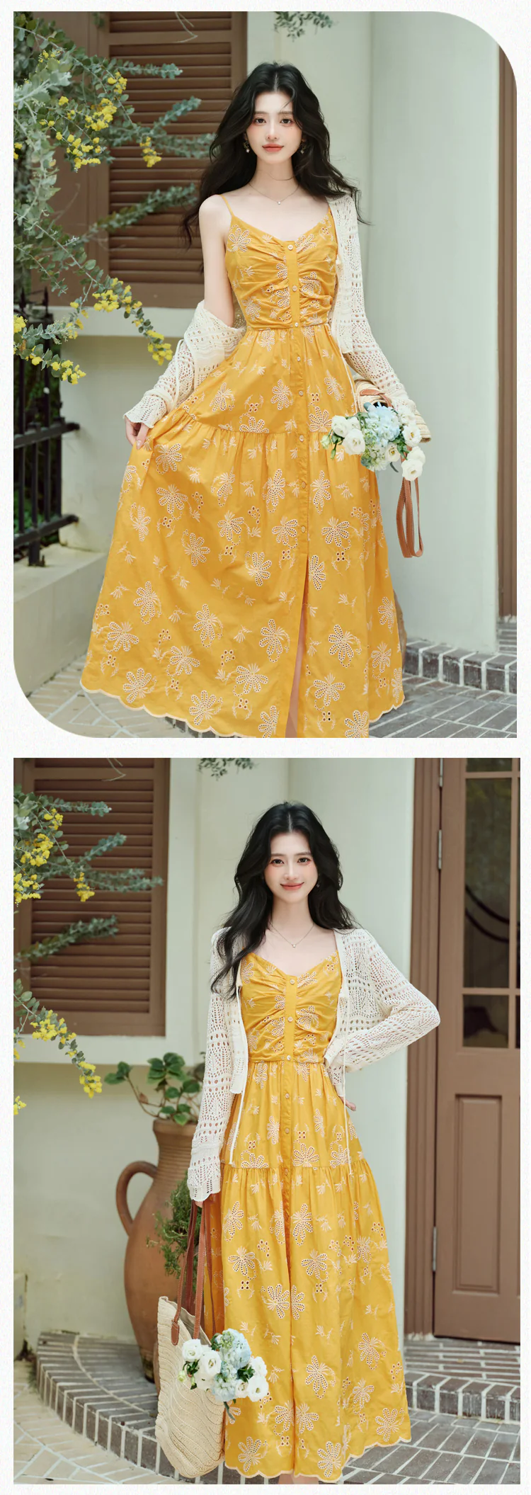 Chic-Boho-Yellow-Embroidery-Spaghetti-Strap-Dress-with-Crochet-Cardigan-Set12