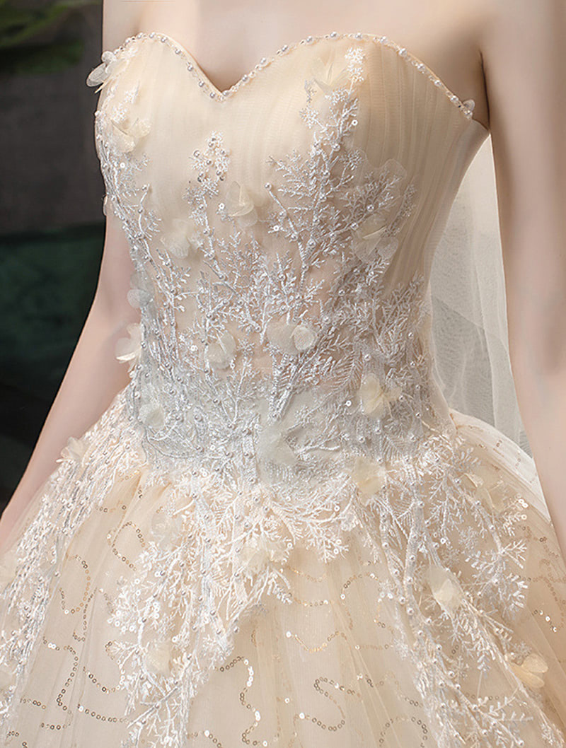 Chic Slim Champagne Strapless Wedding Dress Bridal Gown03