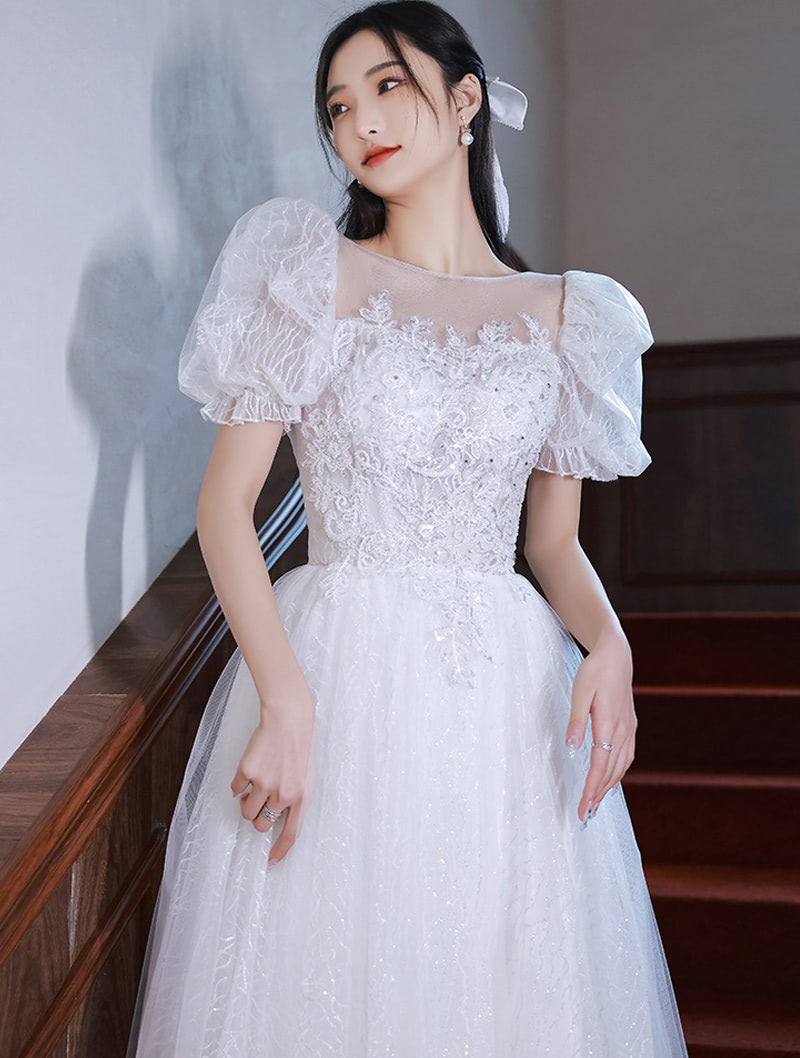 Exquisite White Tulle Puffy Prom Evening Formal Long Dress01