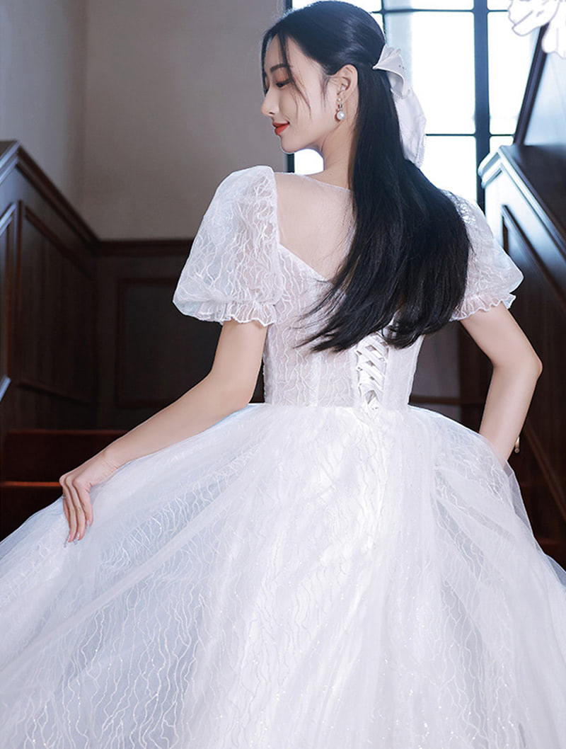 Exquisite White Tulle Puffy Prom Evening Formal Long Dress05