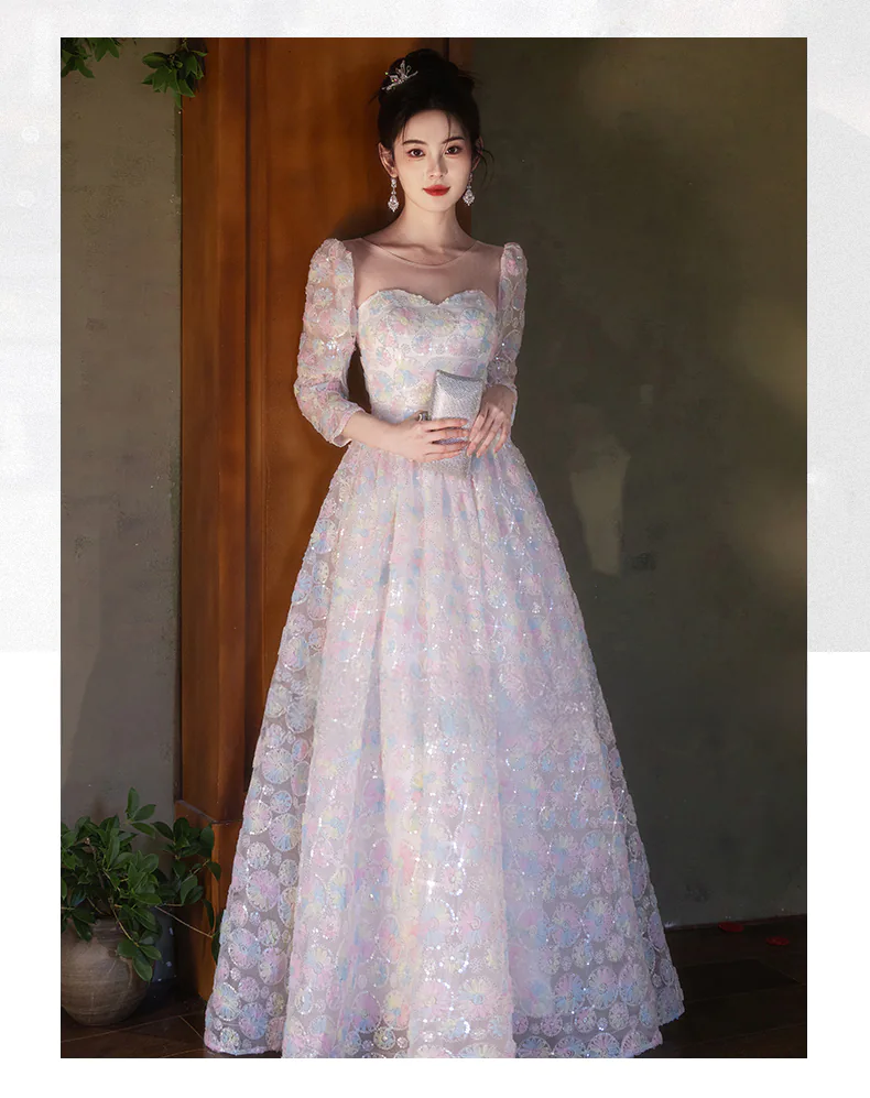 Fairy-Colorful-Princess-Round-Tulle-Neck-34-Sleeve-Evening-Dress-Ball-Gown07