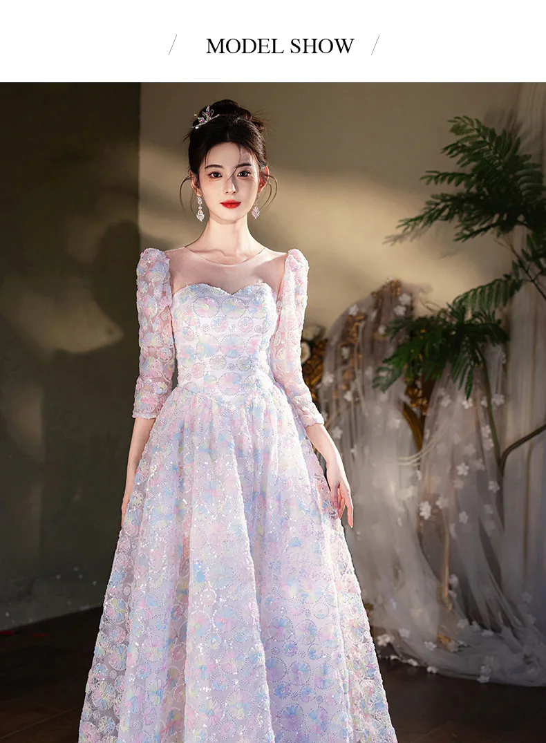 Fairy-Colorful-Princess-Round-Tulle-Neck-34-Sleeve-Evening-Dress-Ball-Gown10