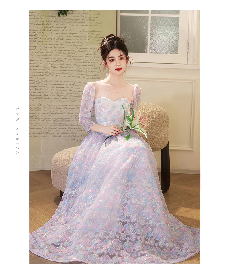 Fairy-Colorful-Princess-Round-Tulle-Neck-34-Sleeve-Evening-Dress-Ball-Gown11