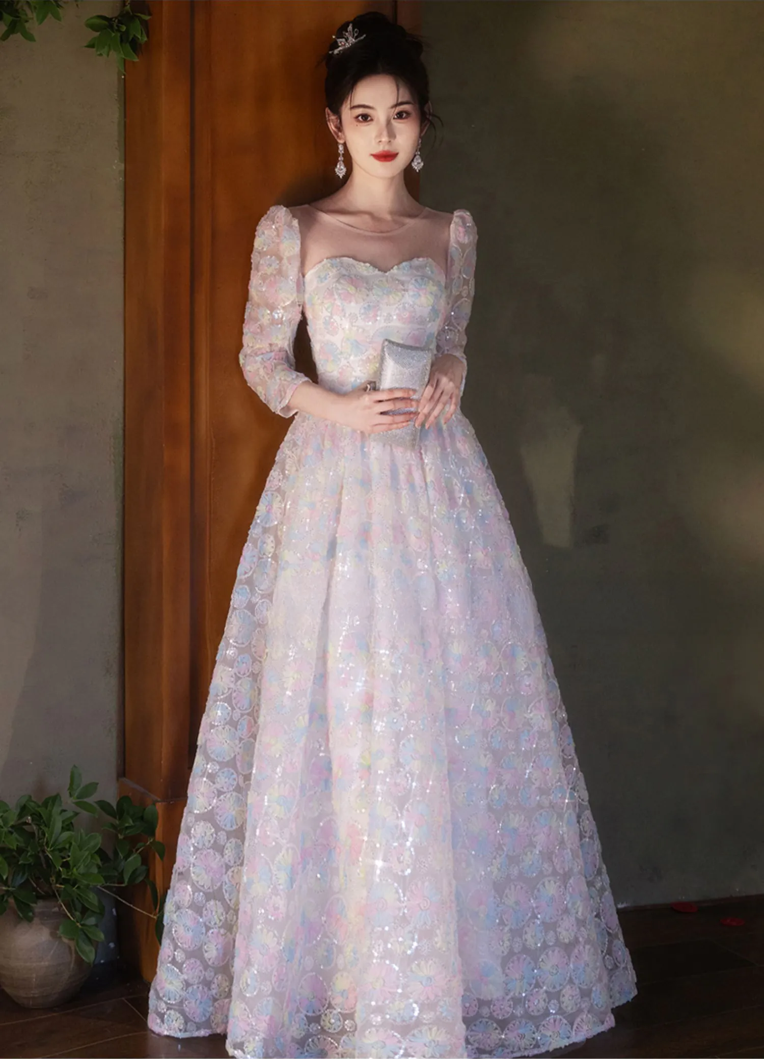Fairy-Colorful-Princess-Round-Tulle-Neck-34-Sleeve-Evening-Dress-Ball-Gown12
