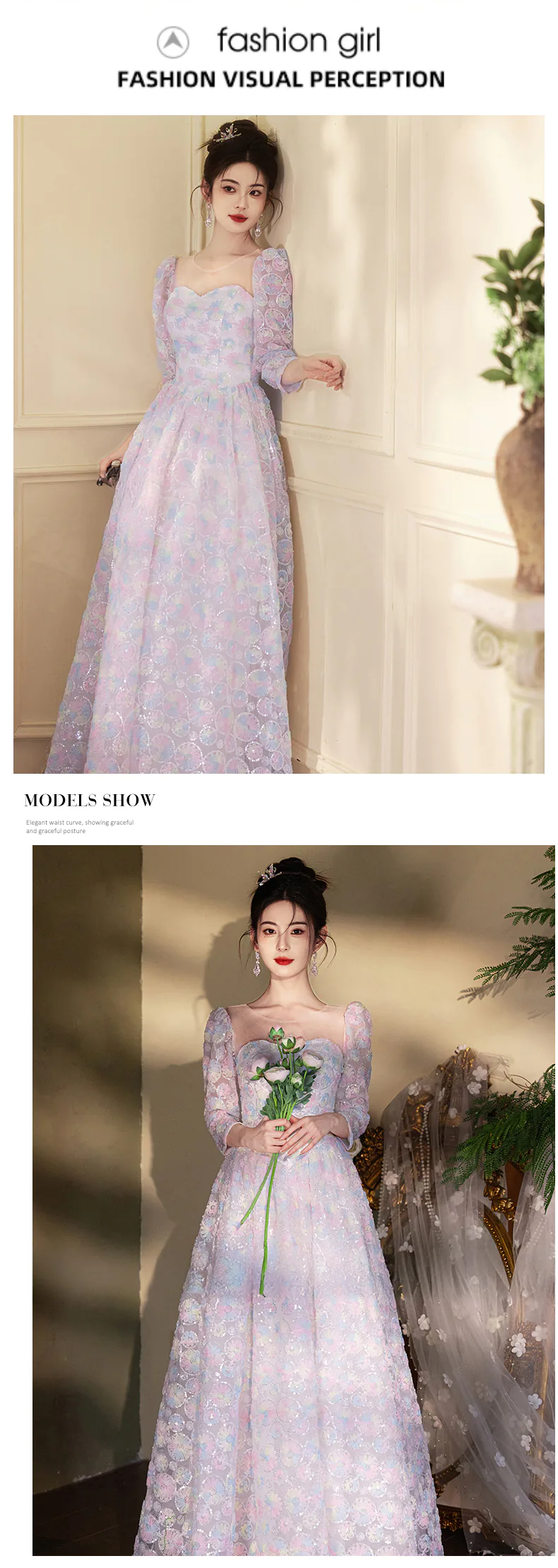 Fairy-Colorful-Princess-Round-Tulle-Neck-34-Sleeve-Evening-Dress-Ball-Gown13