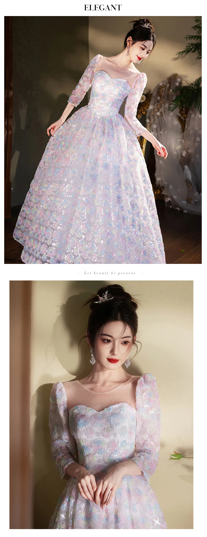 Fairy-Colorful-Princess-Round-Tulle-Neck-34-Sleeve-Evening-Dress-Ball-Gown14