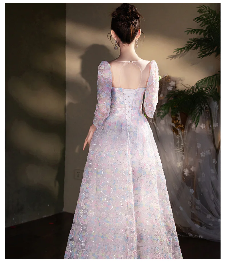 Fairy-Colorful-Princess-Round-Tulle-Neck-34-Sleeve-Evening-Dress-Ball-Gown15