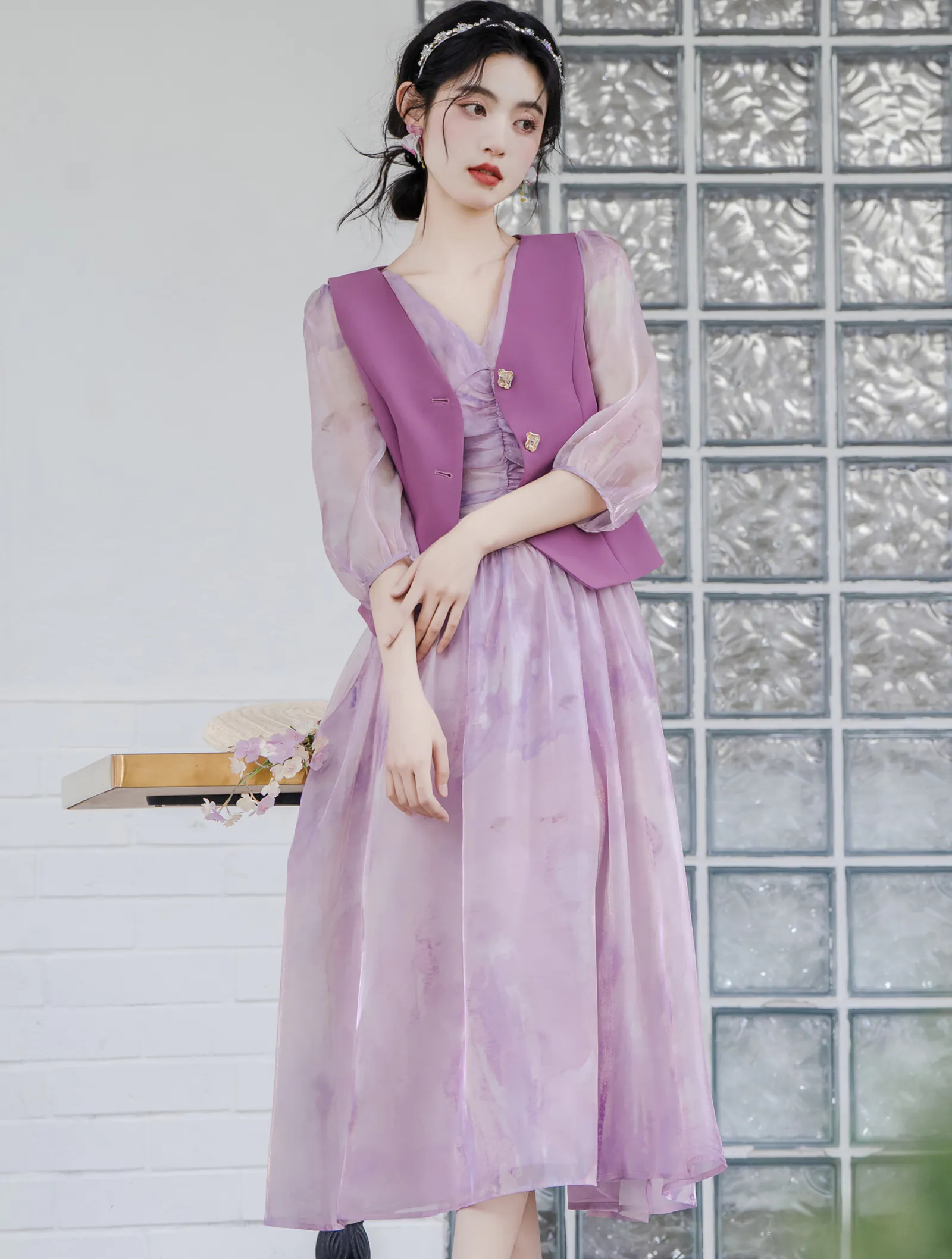 Fairy Gentle Purple Vest with Thin Chiffon Summer Casual Dress Suit01