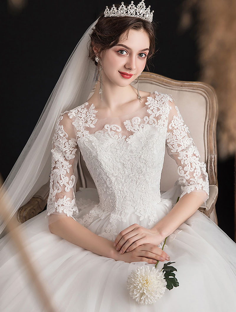 Fairy Off Shoulder Half Sleeve Lace White Wedding Dress Plus Size02