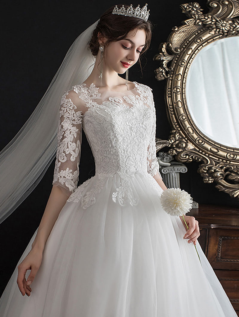 Fairy Off Shoulder Half Sleeve Lace White Wedding Dress Plus Size03