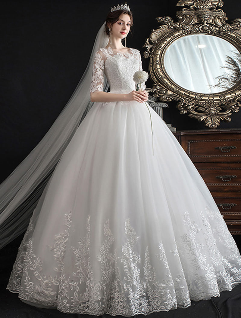 Fairy Off Shoulder Half Sleeve Lace White Wedding Dress Plus Size04