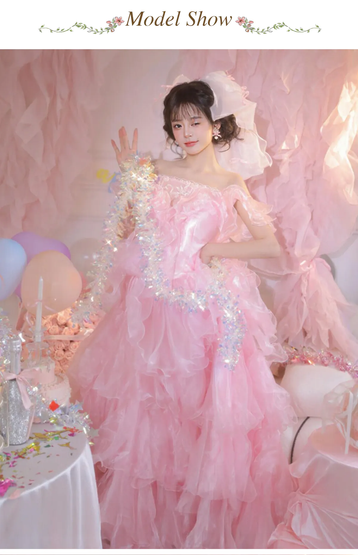 Fairy Pastel Pink Off Shoulder Ruffle Layer Tiered Skirt Ball Gown Party Dress08