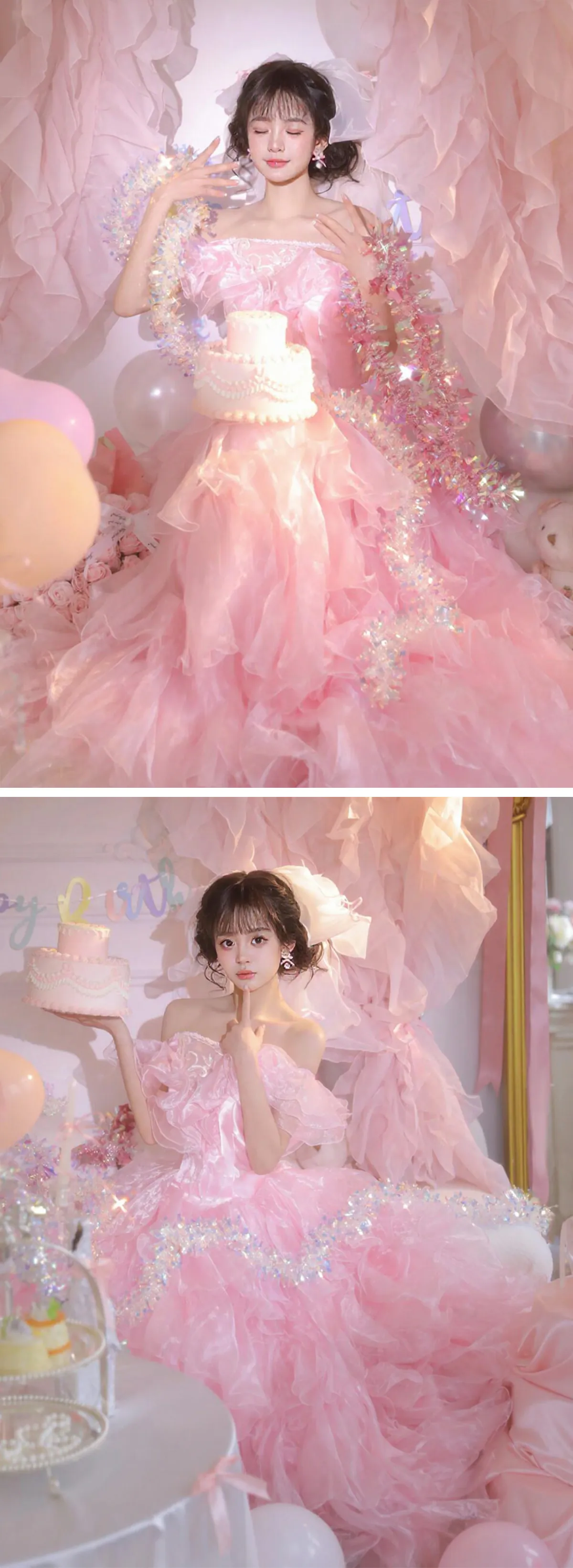 Fairy Pastel Pink Off Shoulder Ruffle Layer Tiered Skirt Ball Gown Party Dress10