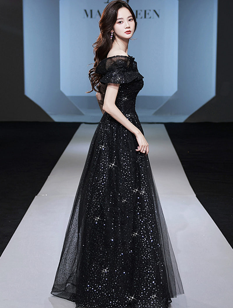 Fashion Black Off Shoulder Sequin Mesh Evening Prom Party Dress01