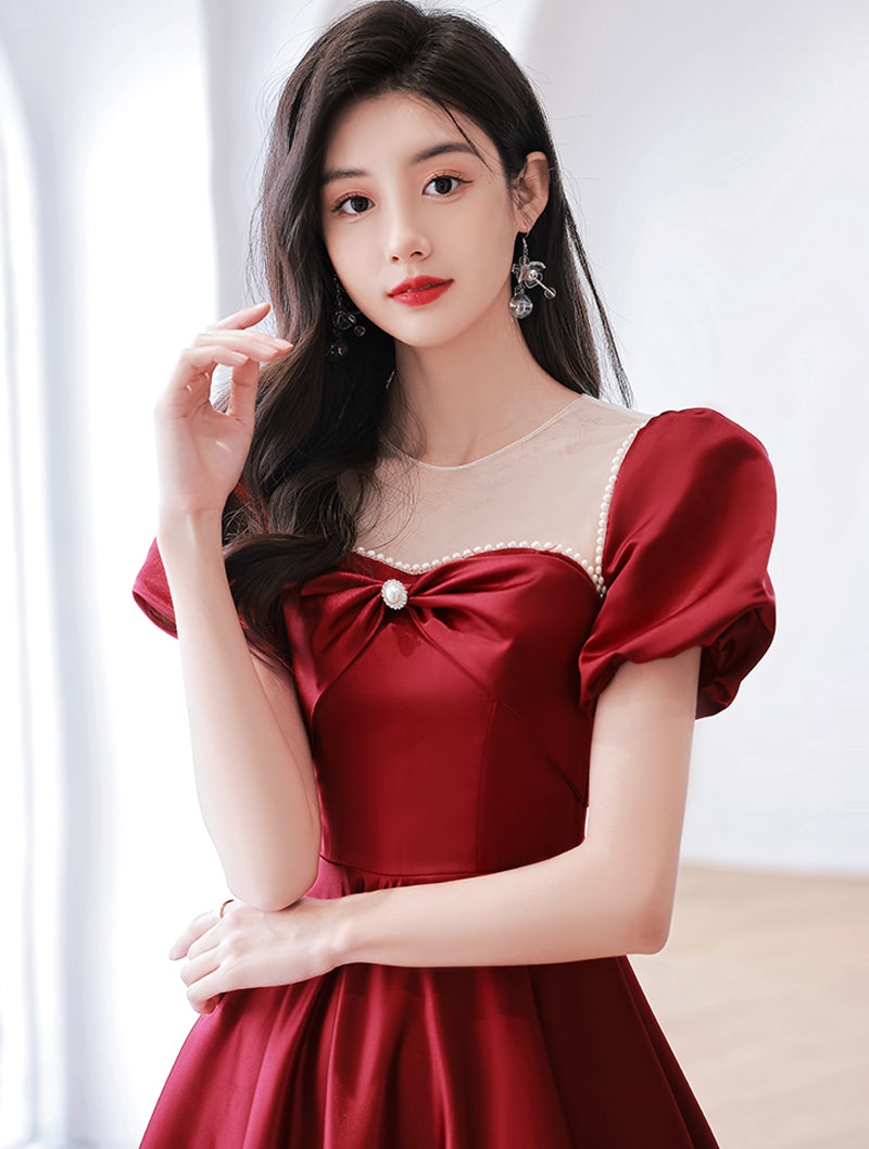 Fashion Wine Red Evening Gown Formal Midi Satin Prom Dress01