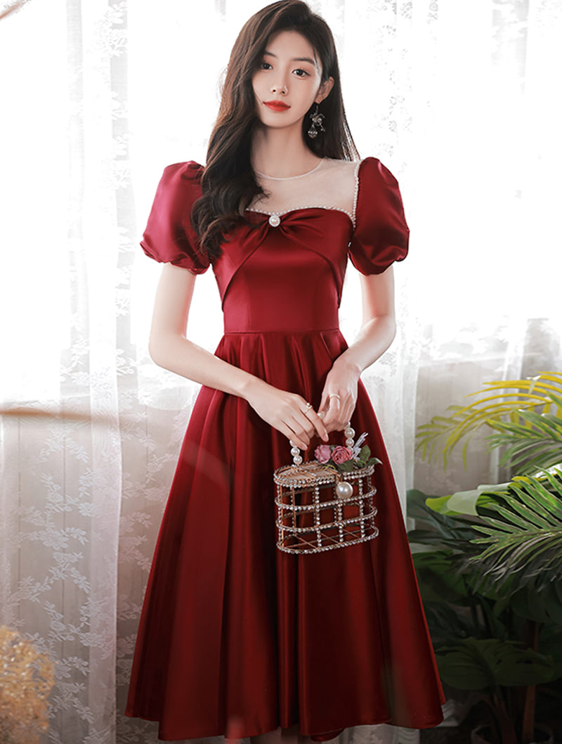 Fashion Wine Red Evening Gown Formal Midi Satin Prom Dress01