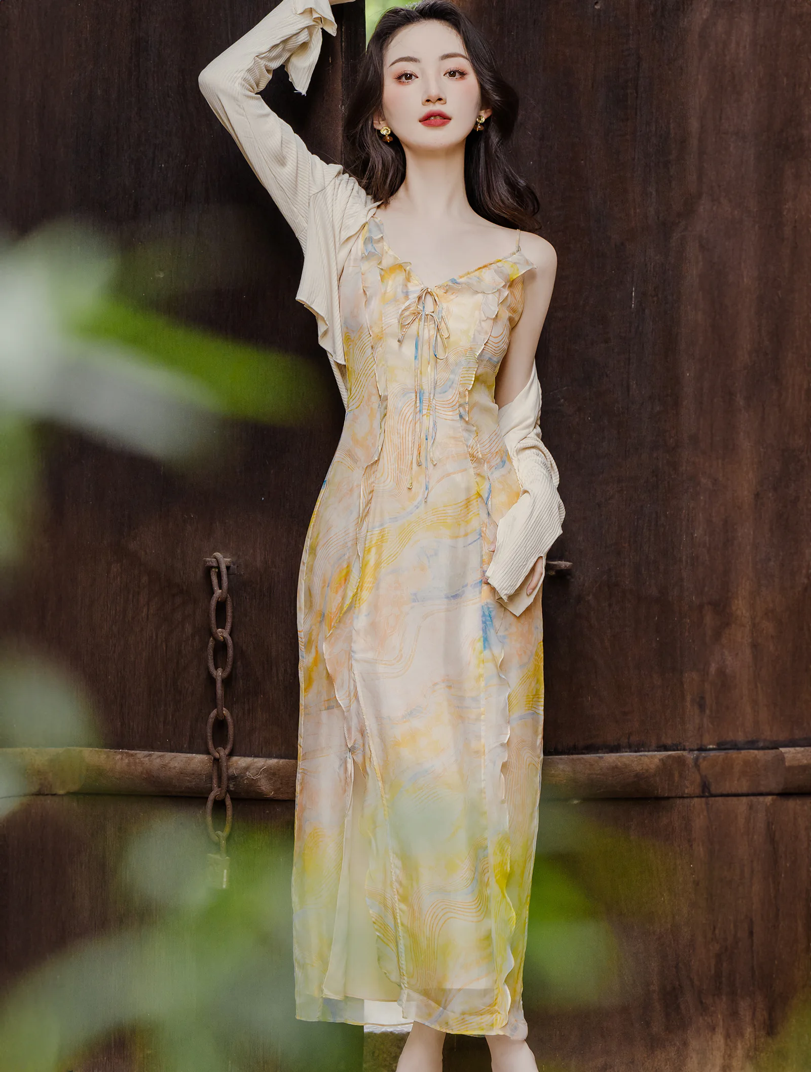 Gentle French Style V neck Silk Chiffon Camisole Dress with Cardigan Set01
