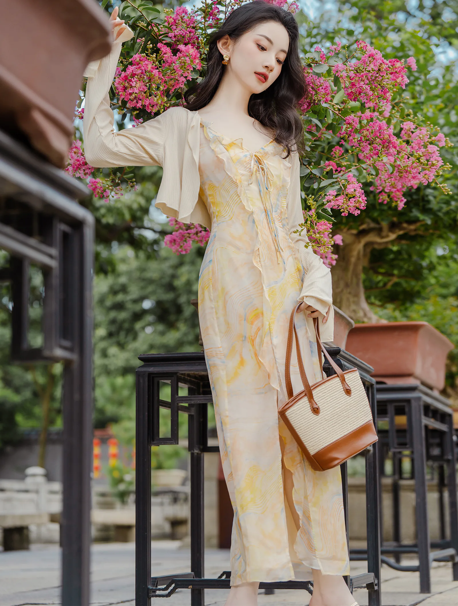 Gentle French Style V neck Silk Chiffon Camisole Dress with Cardigan Set02