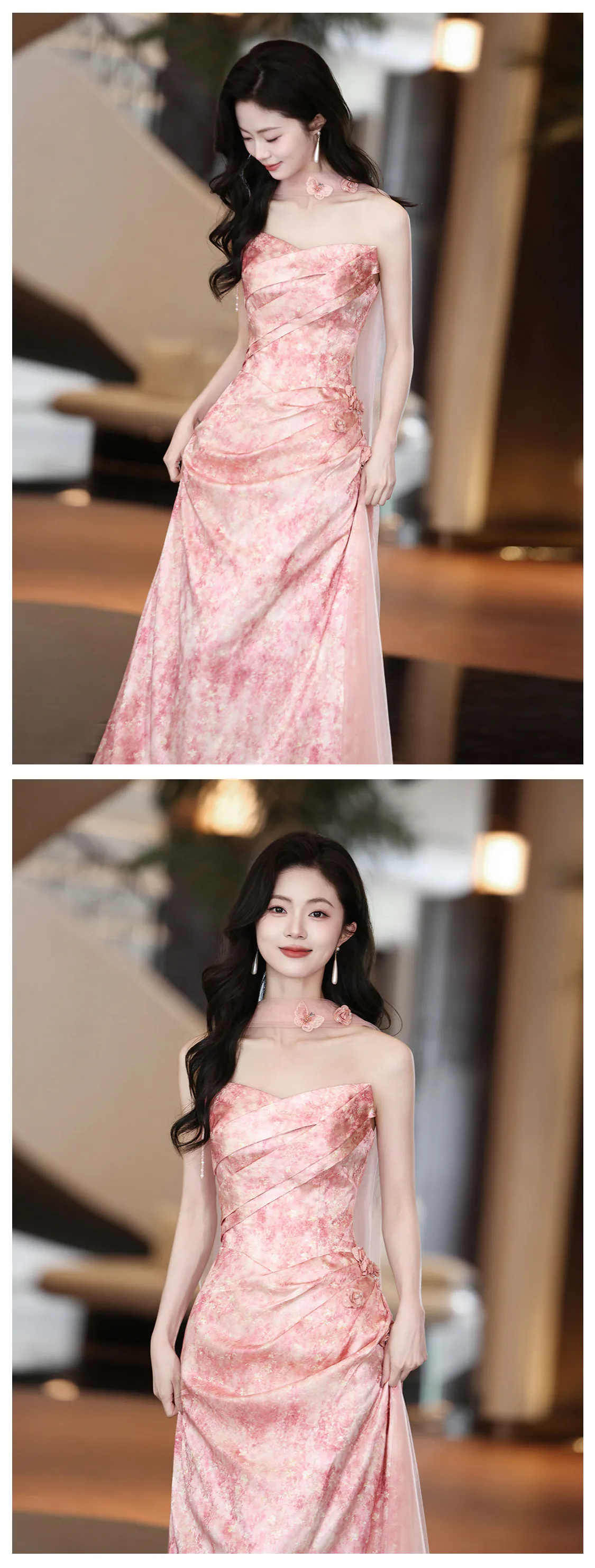Gentle-Pretty-Peach-Pink-Floral-Blossom-Strapless-Formal-Gown-Evening-Dress11