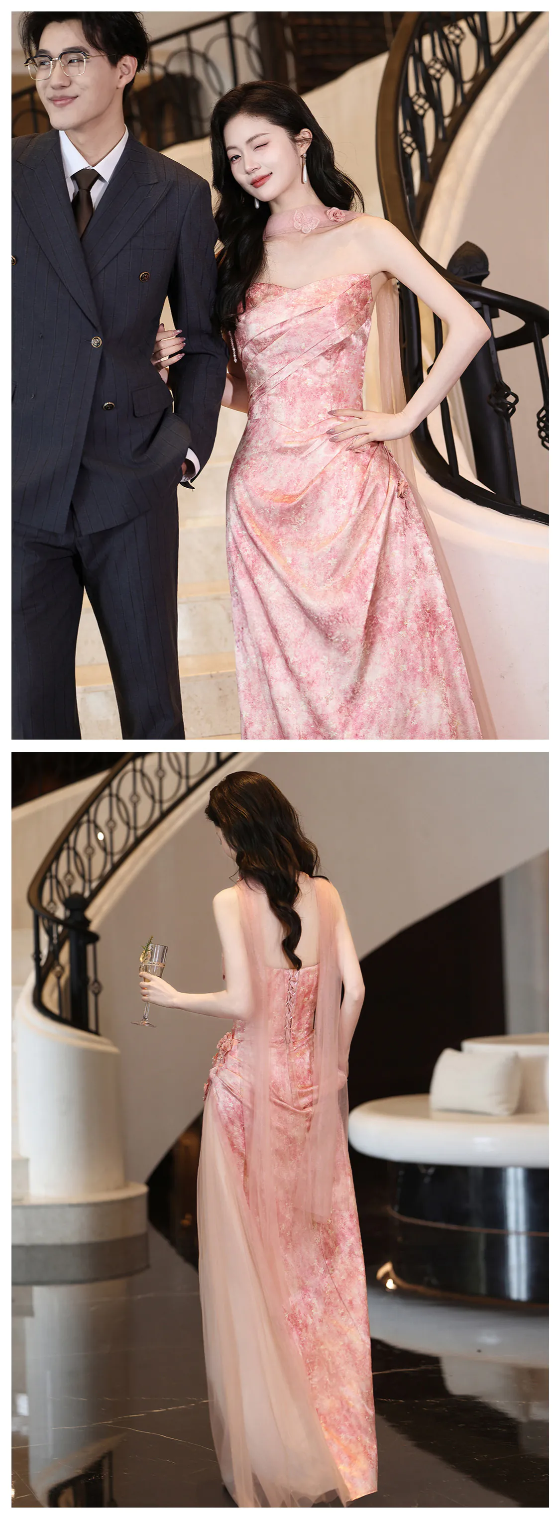 Gentle-Pretty-Peach-Pink-Floral-Blossom-Strapless-Formal-Gown-Evening-Dress15
