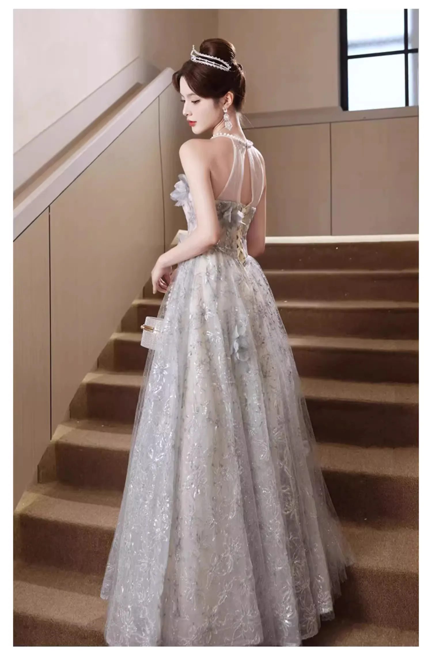 slim fit dress slacks Zapaka Women Grey Green Bridesmaid Dress with Slit Sheath Floral Print Long Square Neck Sleeveless Wedding Party Dress, Grey Green / US8 main image 1