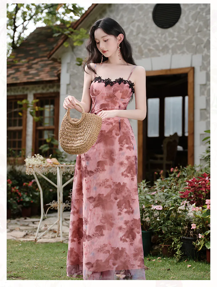 Pink-Tie-Dye-Rose-Floral-Padded-Slip-Dress-with-Black-Lace-Cover-Up-Shawl08