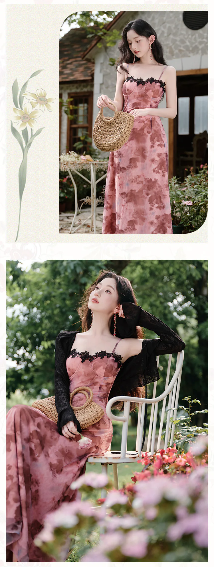 Pink-Tie-Dye-Rose-Floral-Padded-Slip-Dress-with-Black-Lace-Cover-Up-Shawl12