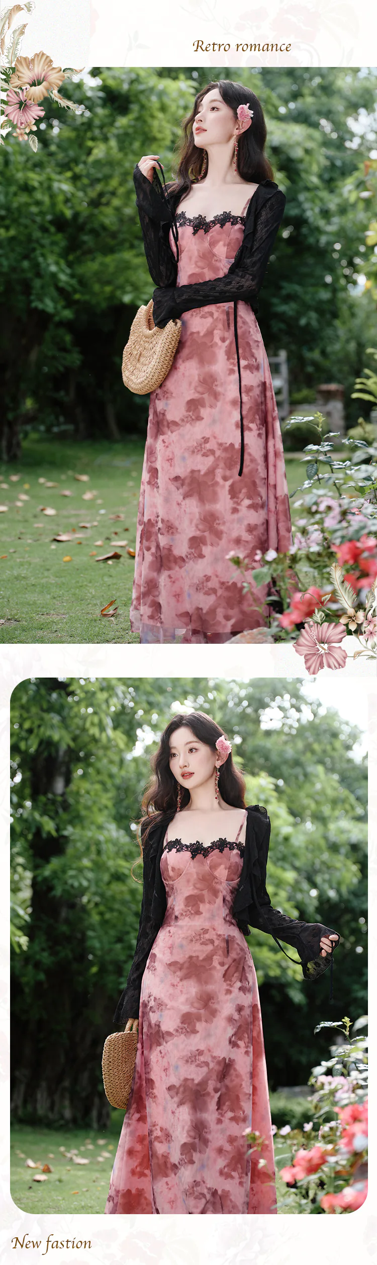 Pink-Tie-Dye-Rose-Floral-Padded-Slip-Dress-with-Black-Lace-Cover-Up-Shawl13