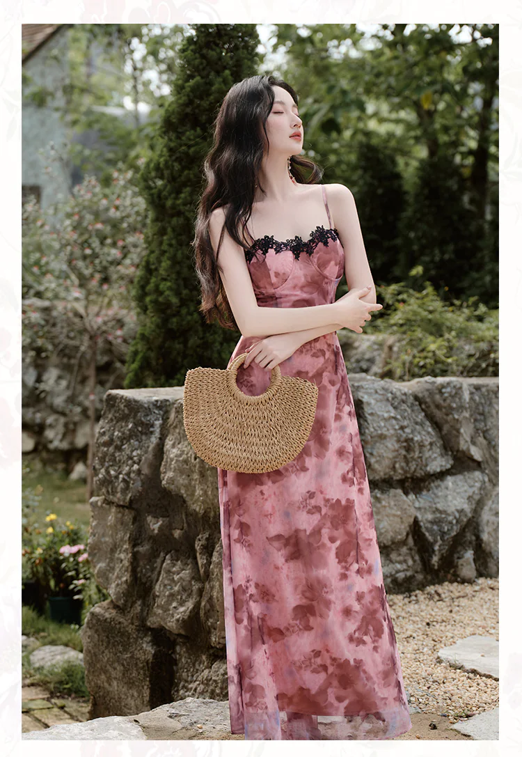 Pink-Tie-Dye-Rose-Floral-Padded-Slip-Dress-with-Black-Lace-Cover-Up-Shawl14