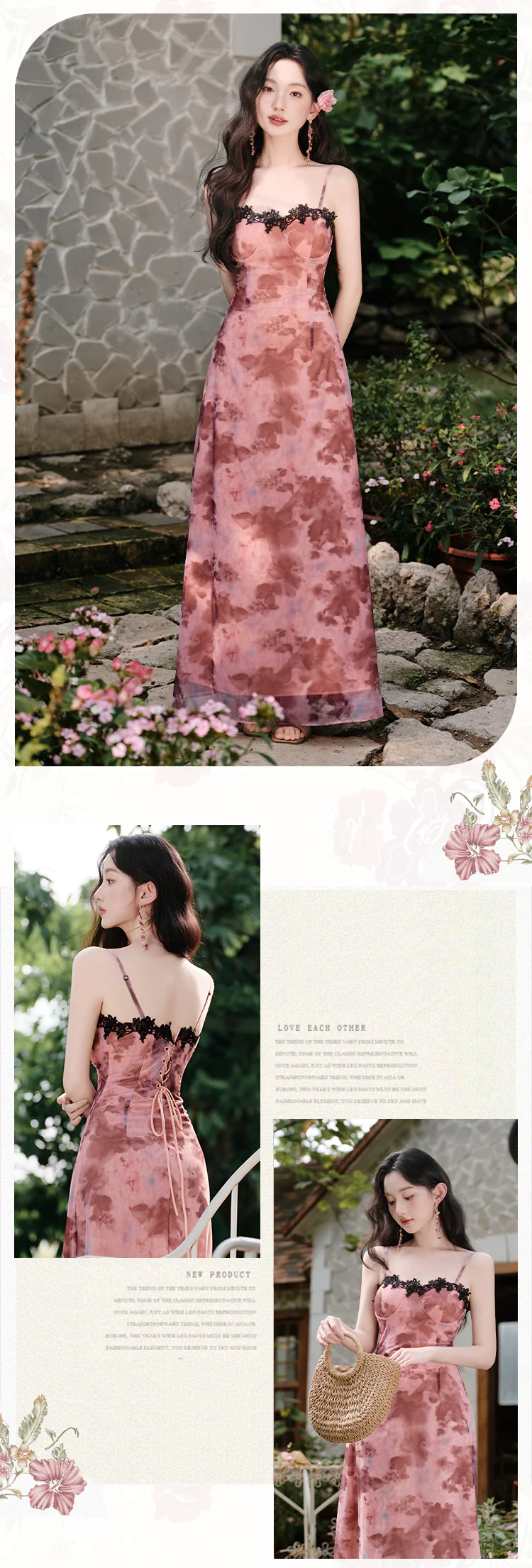 Pink-Tie-Dye-Rose-Floral-Padded-Slip-Dress-with-Black-Lace-Cover-Up-Shawl15