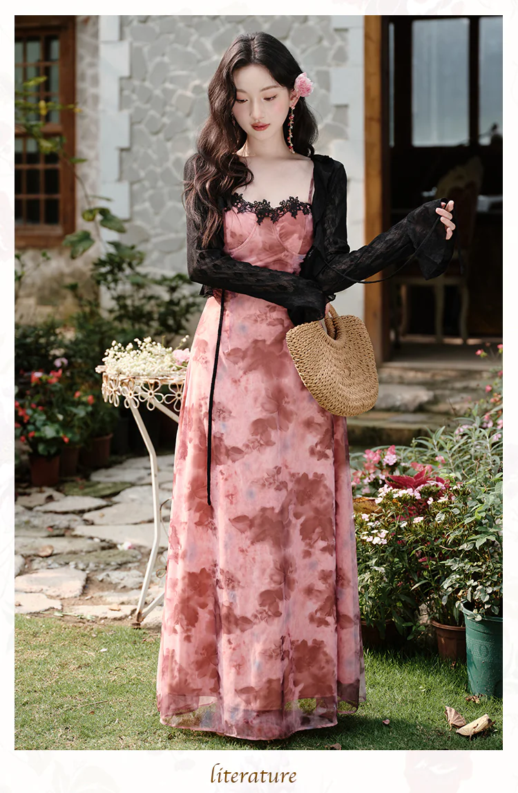 Pink-Tie-Dye-Rose-Floral-Padded-Slip-Dress-with-Black-Lace-Cover-Up-Shawl16