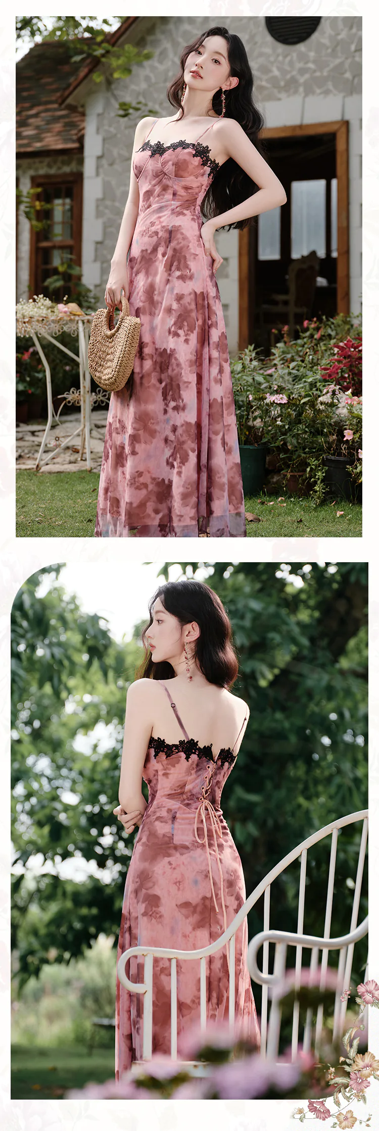 Pink-Tie-Dye-Rose-Floral-Padded-Slip-Dress-with-Black-Lace-Cover-Up-Shawl18