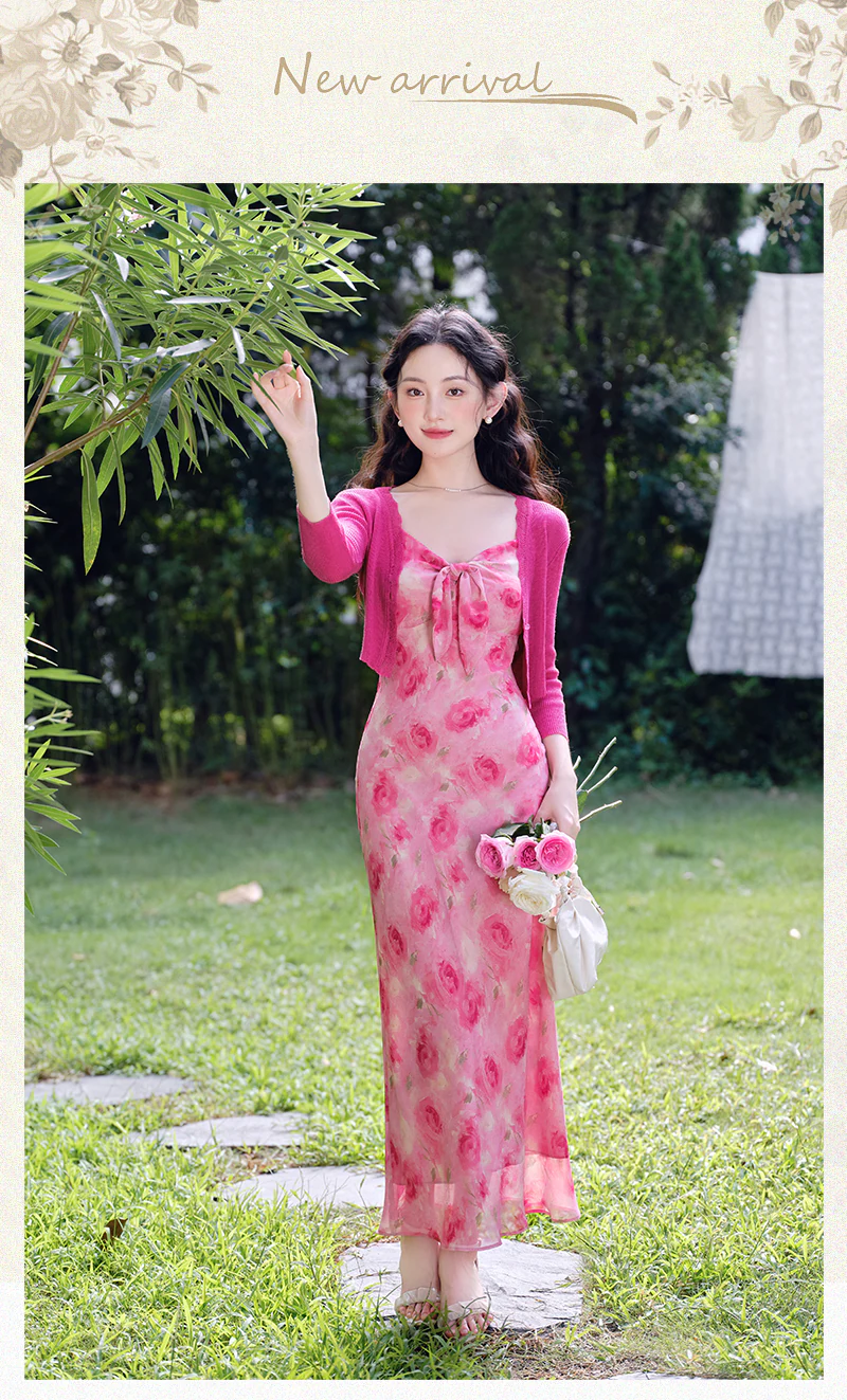 Romantic-Vintage-Rose-Print-Pink-Floral-Casual-Dress-with-Knit-Cardigan-Set07