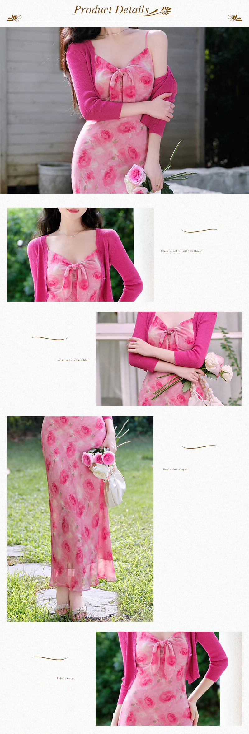 Romantic-Vintage-Rose-Print-Pink-Floral-Casual-Dress-with-Knit-Cardigan-Set08